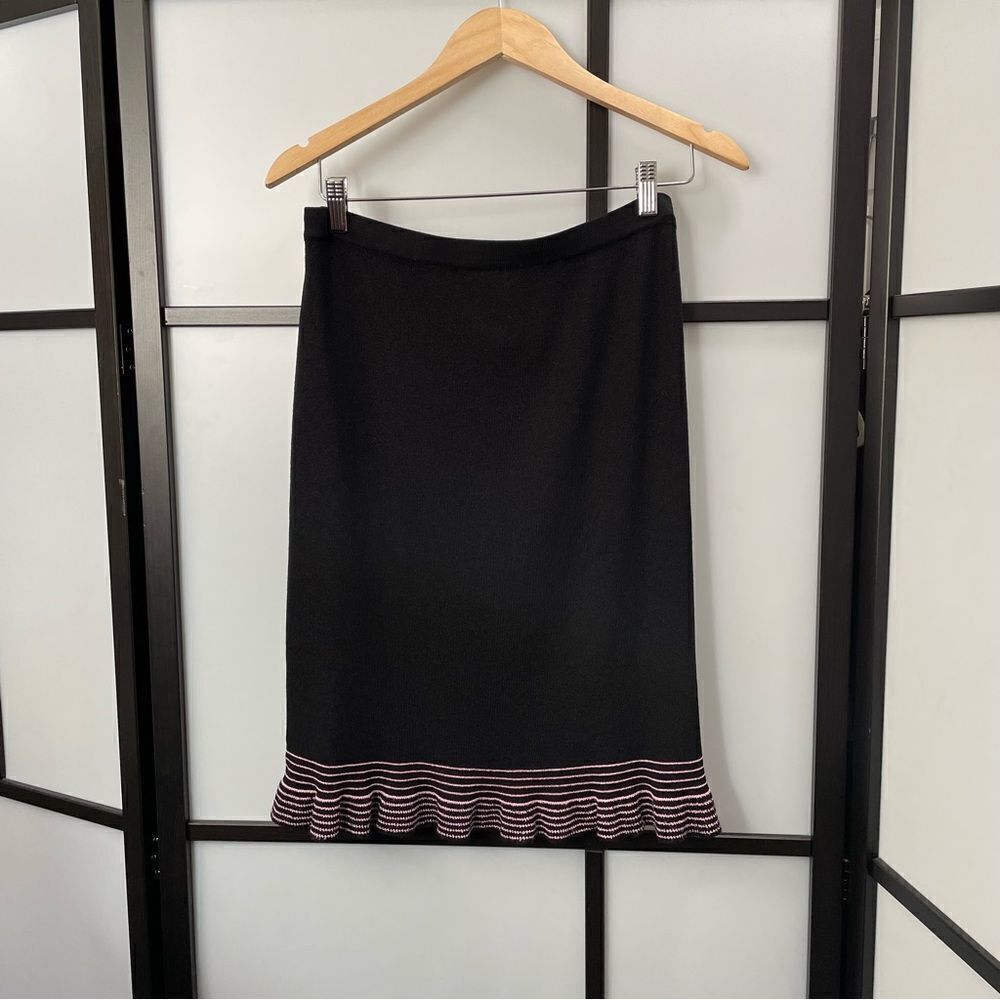 [M] Vintage Sag Harbour Thick Woven Black with Pink Stripes A-Line Midi Skirt